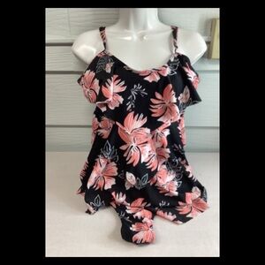 Black and orange flowers two piece swimsuit.